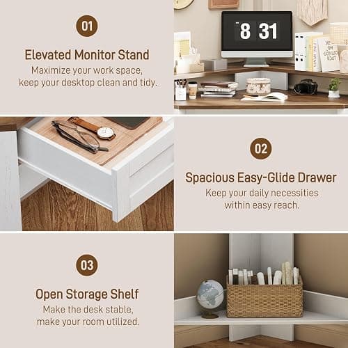 Corner Desk, Triangle Computer Desk Home Office Workstation with Drawer and Monitor Stand for Small Spaces Farmhouse Corner Vanity Table for Bedroom Study, Living Room (Rustic White and Brown) thumbnail 6