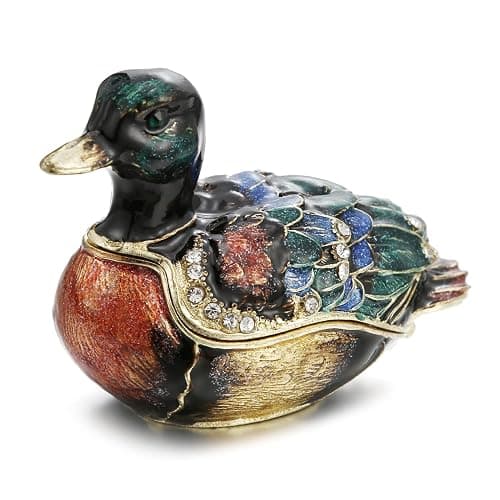Hand Painted Enamel Duck Trinket Box for Home Decor, Hinged Jewelry Organizer for Ring Earrings, Unique Figurine Keepsake Collectible Personalized Elegant Handmade Ornament Gifts (Green Duck) - Image 1