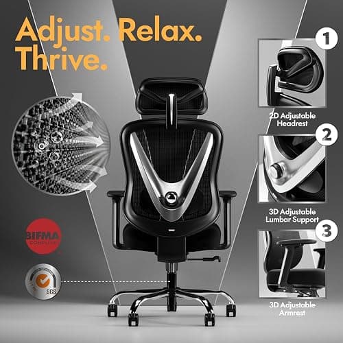 HOLLUDLE Ergonomic Mesh Office Chair - 3D Adjustable Lumbar Support & 3D Armrests, V-Shaped Back, Adjustable Desk Chair for Office & Home, Black thumbnail 4