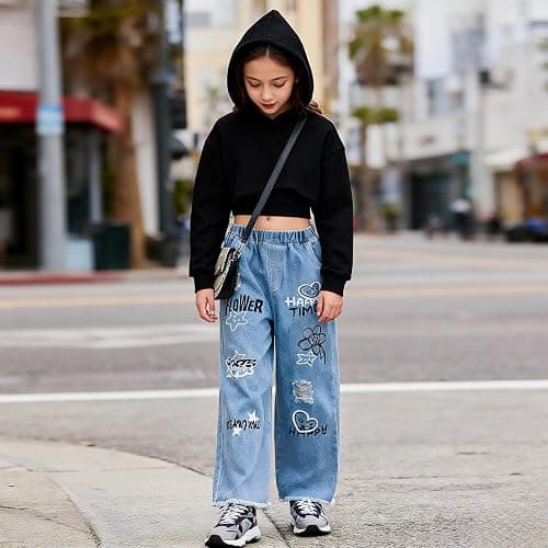 Voxikidio Size 5-10 Years Girls 3PCS Fashion Outfits Set - Cropped Hoodie + Cami Top + Printed Jeans 3-Piece Set thumbnail 5