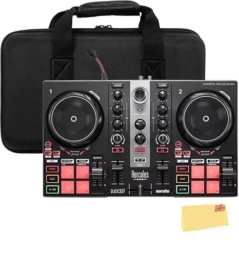 Hercules DJControl Inpulse 200 MK2 2-Channel DJ Controller Bundle with Case, TRS-to-RCA Breakout Cable, and Austin Bazaar Polishing Cloth - Image 1