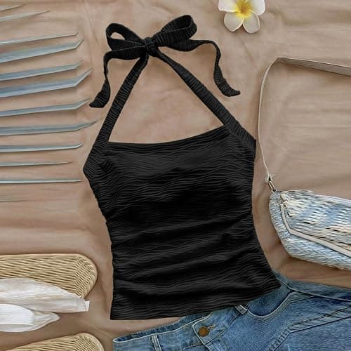Women's Ruched Halterneck Y2K Crop Tops Tie Back Sleeveless Slim Fit Cami Top Teen Girls Textured Square Neck Shirts thumbnail 2