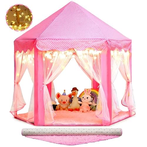 Princess Castle Tent with Rug for Girls Fairy Play Tents for Kids Hexagon Playhouse with Fairy Star Lights Toys for Children or Toddlers Indoor Games (Pink Princess Tent with Rug) - Image 1