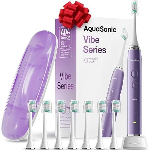 Aquasonic Vibe Series Ultra-Whitening Toothbrush – ADA Accepted Electric Toothbrush - 8 Brush Heads & Travel Case – 40,000 VPM Motor & Wireless Charging - 4 Modes w Smart Timer – Satin Violet - Image 1