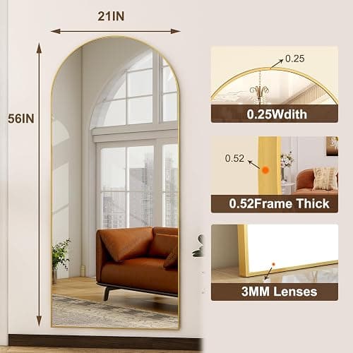 HARRITPURE 56"x21" Arched Full Length Mirror Floor Mirrors | Free-Standing Wall Mounted or Leaning Dressing Mirror with Aluminum Alloy Frame Modern & Contemporary Decor for Home, Gold thumbnail 4