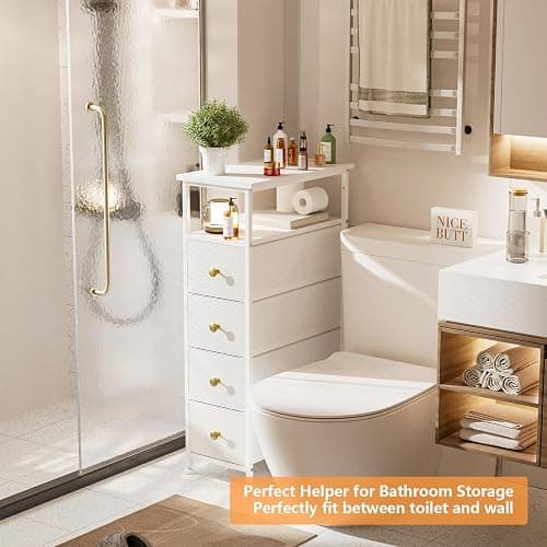 YILQQPER Narrow Dresser for Bedroom, Slim Dresser Storage Tower, Chest of 4 Fabric Drawers with Wood Shelf, Bathroom Organizers and Storage for Small Spaces, Laundry, Closet, White thumbnail 2