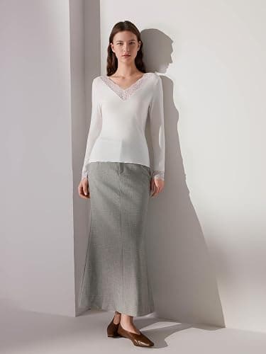 SUUKSESS Cloud Cashmere Women Basic Tops V Neck Boat Neck Lace Long Sleeve Shirt thumbnail 5