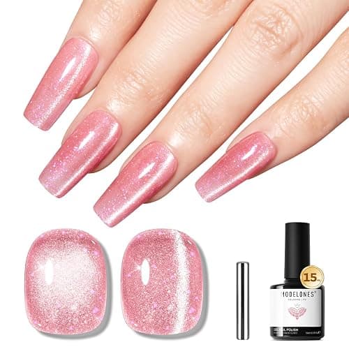 modelones Pink Cat Eye Gel Nail Polish Light Pink 9D | with Magnet Shimmer Glitter Gel Polish Soak Off Reflective Translucent Jelly Gel Nail Polish 15 ML - Image 1