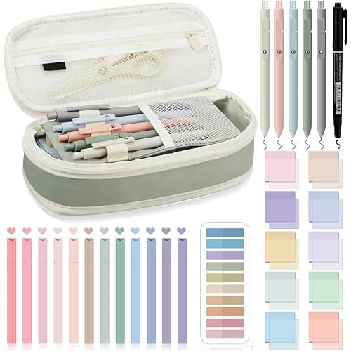 Jutom 39 Pcs Aesthetic Book Annotation Kit Highlighter with Pencil Case Bag Gel Pen Transparent Sticky Note Taking Bible Study College School Supplies(Green,Cute Style) - Image 1