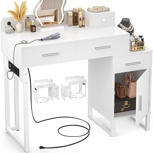 Vanity Desk with 4 Storage Drawers - Modern Makeup Vanity Table with Charging Station, White Vanity Desk with Reversible Cabinet Dressing Table Set with Divided Organizers for Women Girls, White - Image 1
