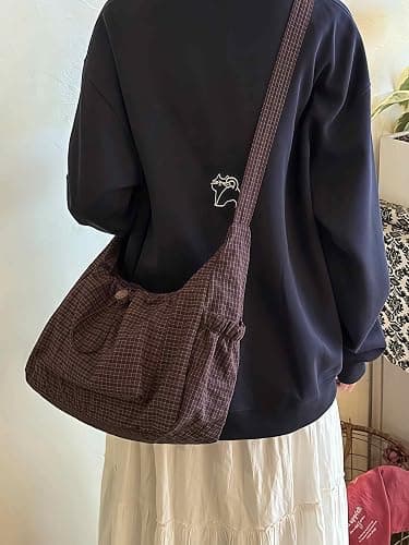 Plaid Crossbody Bags, Slouchy Hobo Crossbody Bag, Cute Messenger Bag, Nylon Crescent Crossbody Purse, Trendy Everyday Purse thumbnail 3