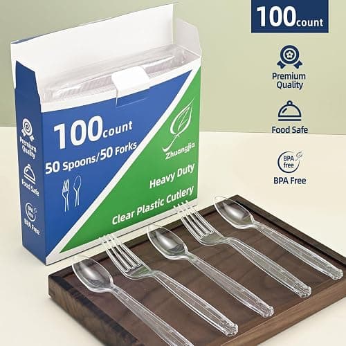 100 Count Plastic Silverware Heavy Duty 50Forks50Spoons | Shatterproof BPA-Free Disposable Cutlery Heat Resistant Disposable Plastic Utensils for Catering & Events, Party Supplies thumbnail 5