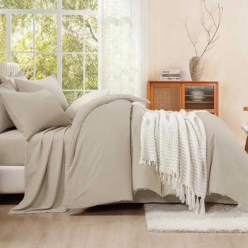 Litanika Comforter King Size Set Oatmeal - 7 Pieces Bed in a Bag King Bedding Comforter Sets, Plain Lightweight Bed Set with Comforter, Sheets, Pillowcases & Shams thumbnail 5
