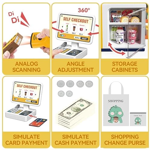 Kids Cash Register Playset - 48PCS Play Money, Calculator, Scanner,Ages 3+ | Toddlers Cash Register Playset with Credit Card & Play Food,for Boys and Girls Ages 3+ Pretend Grocery Store Shopping Playset thumbnail 4