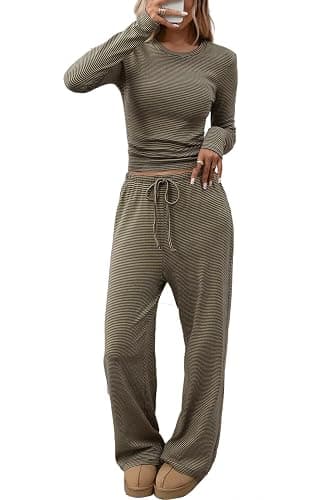 CHYRII Womens Two Piece Sets Fall Fashion Striped Long Sleeve Tops Wide Leg Palazzo Pants Outfits Loung Sets - Image 1