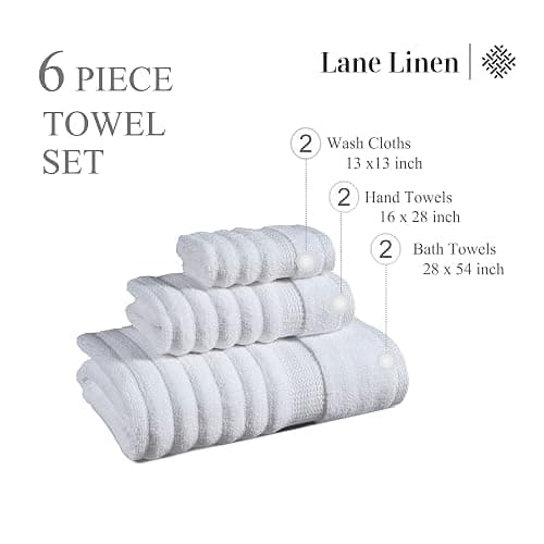 LANE LINEN White Bath Towels Set of 6-100% Cotton Towels for Bathroom, Hotel & Spa - Zero Twist, Premium Quality, Soft, Absorbent, Ribbed Bathroom Towel Set - Includes 2 Bath, 2 Hand & 2 Washcloths - 6 Piece Set - 02: White thumbnail 4