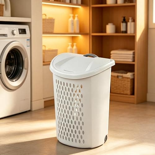 Laundry Basket with Wheels, Lid, and Handles for Easy Rolling, Dirty Clothes Organizer, White, 1 Pack thumbnail 5