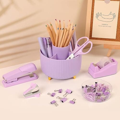 SKYDUE Purple Office Supplies Set, Purple Office Desk Accessories 10PCS, Pencil Holder for Desk, Stapler, Tape Dispenser, Scissors, Ruler, Binder/Paper Clips and 1000pcs Staples,Desk Supplies Set thumbnail 7