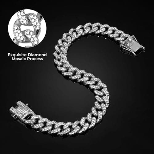 Dog Chain Collar Silver Dog Necklace Diamond Cuban Link Dog Collar 13mm Wide Metal Pet Cat Dog Chain Crystal Collar Jewelry Accessories for Large Medium Small Dogs Cats(Silver,10 Inch) thumbnail 3