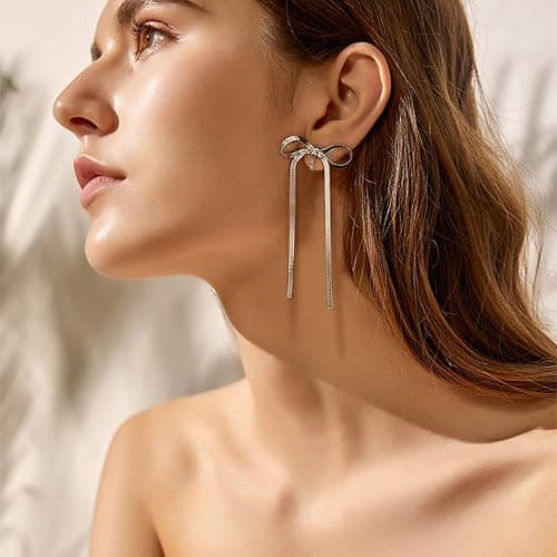 NVWAROCK Cilp-on Bow Earrings Non Pierced Ribbon Bow Dangle Drop Tassel Statement Earring for Women Dangling Long chain Earrings（Gold and Silver） thumbnail 3