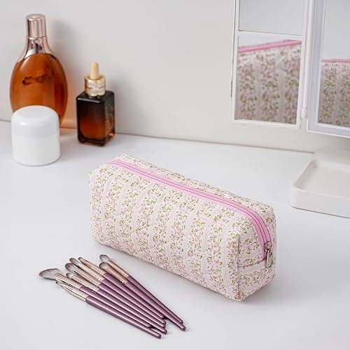 HHQQWZ Cute Floral Cotton Makeup Brush Cosmetic Bag for Women, Travel Quilted Zipper Make Up Bag, Flowers Toiletry Organizer Case Kawaii Makeup Cosmetic Travel Cloth Pouch (Pink+Red Floral) thumbnail 2
