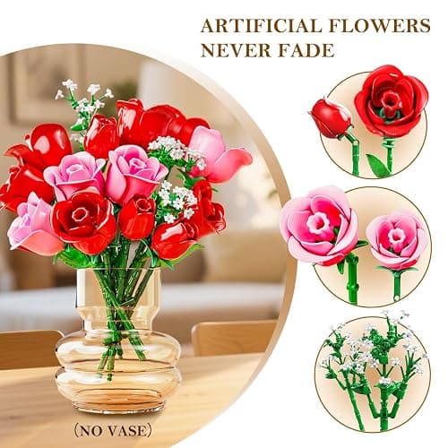 HOGOKIDS Flowers Bouquet Building Set with Lights - 16 Roses Bouquet Botanical Building Blocks Artificial Pink Roses Flower for Home Decor Christmas Birthday Gifts for Girls Adults - 387PCS (Pink) thumbnail 4