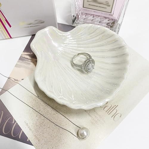 Ring Dish Shell Shape Ceramic Jewelry Dish Tray, Decorative Trinket Dish Organizing Rings Earrings Necklaces Keys for Mom Friend Sister, 3.9", White Iridescent Surface thumbnail 4