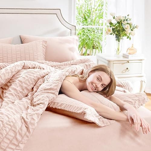 CozyLux Queen Comforter Set Blush Pink Seersucker 7 Pieces Bed in a Bag Queen Comforter Set with Sheets, Luxury Soft Bedding Set with Down Alternative Comforter, Sheets, Pillowcases & Shams All Season thumbnail 5