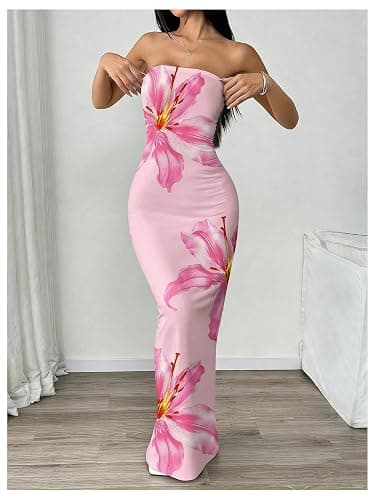 OYOANGLE Women's Floral Strapless Bodycon Maxi Dress Boho Sleeveless Slit Hem Vacation Tube Top Dresses thumbnail 2