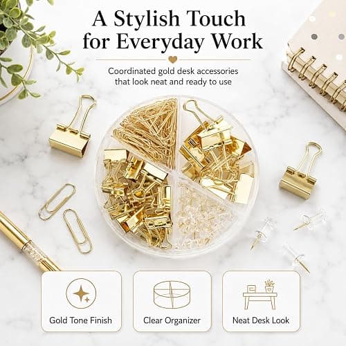 CREECHWA Gold Paper Binder and Clips Set, Metal Assorted Sized Binders with Push Pins, Cute Office Supplies, Teacher Desk Must Haves, Desk Accessories thumbnail 3
