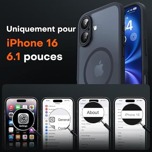 TOCOL Coque Magnétique pour iPhone 16 6,1 Pouces, Compatible avec MagSafe, Protection de l'objectif améliorée, Coque Mat Translucide Fine Antichoc, Noir thumbnail 2