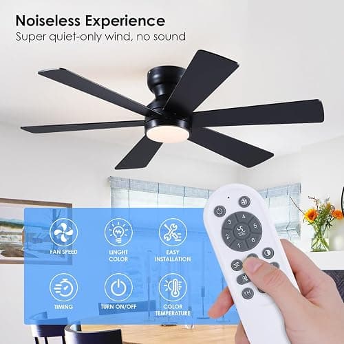 Asyko Ceiling Fans with Lights,46" Low Profile Ceiling Fan with Light and Remote Control,Flush Mount, Reversible, Dimmable, Noiseless, Black Ceiling Fan for Bedroom thumbnail 7