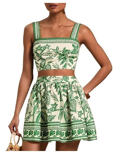 Floerns Women's Two Piece Outfit Tropical Crop Cami Top and Summer Skirts Set - Image 1