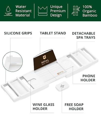 ROYAL CRAFT WOOD Premium Foldable Bathtub Tray Caddy - Wood Bath Tray for Tub, Bamboo Shelf, Expandable Bath Table Trays, Bathtub & Bathroom Accessories for New Home & Mothers, Birthday Gifts for Mom thumbnail 3