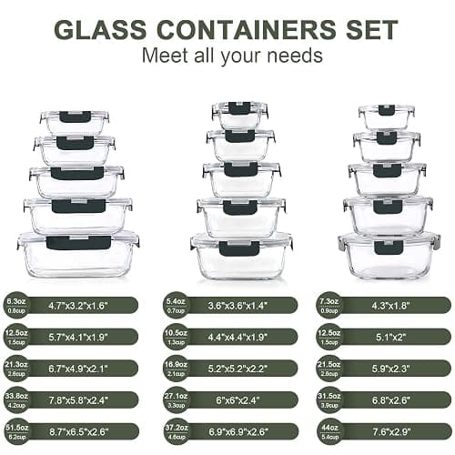 KOMUEE 30 Pieces Glass Food Storage Containers Set, Glass Meal Prep Containers Set with Snap Locking Lids, Airtight lunch Containers for Microwave, Oven, Freezer & Dishwasher,Gray - Gray thumbnail 3