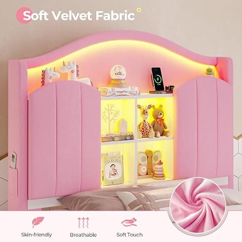 BTHFST Twin Girl Bed with LED Lights & Charging Station, Upholstered Storage Headboard Platform Twin Size Princess Bed Frame, No Box Spring Needed/Noise-Free/Easy Assembly, Pink thumbnail 8