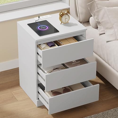 Draelibor Nightstands Set of 2 with Charging Station and Drawer, White | Bedside Tables with 3 Drawers, Modern End Tables for Bedroom, 2 AC Outlets and 2 USB Ports, 15.7" W x 13" D x 21.7" H thumbnail 6