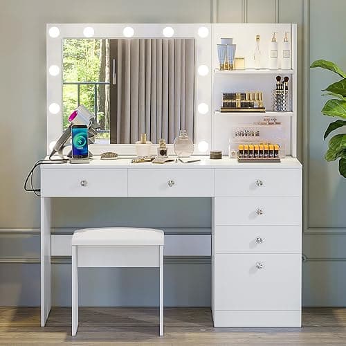 VOWNER 47" Vanity with Outlet - Makeup Vanity Desk with Mirror, Storage Shelves and 6 Drawers, 3-Color Light, Makeup Desk Set with Stool for Bedroom, White thumbnail 6