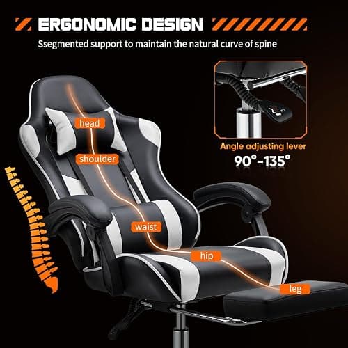 Sweetcrispy Video Game Desk Chair - Ergonomic Computer with Footrest and Comfy Lumbar Support, PU Leather Recliner with Headrest, Fixed Up Armrest, Height Adjustable with 360° Swivel, White, Adults thumbnail 4