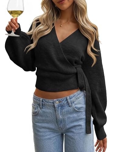 Trendy Queen Womens Wrap Cropped Open Front Pullover Sweater Tops 2026 | Lightweight Soft Knit, Adjustable Side Tie, Easy Layering Piece, Fall Fashion Staple - Image 1