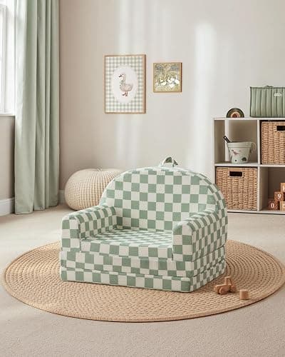 Blissful Diary Foldable Toddler Couch, 2-in-1 Comfy Toddler Chair & Lounger for Reading, Playroom, Kids Couch Sofa for Girls Boys Birthday Gift, Sage Checkered thumbnail 7