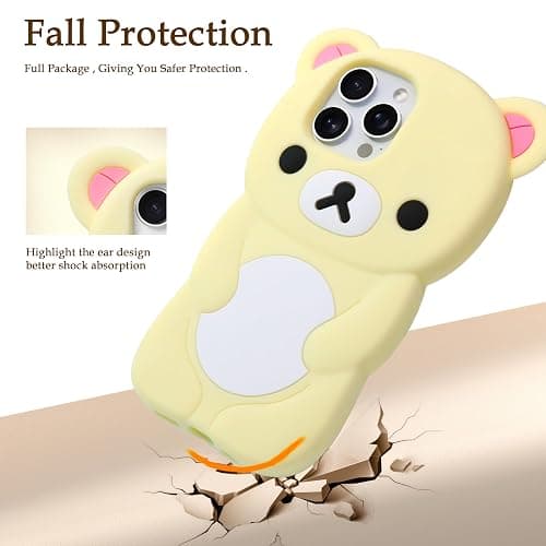 IAIYOXI Soft Silicone Bear Case for iPhone 15 Pro, Cute 3D Cartoon Teddy Bear Designed, Protective Lovely Fun Adorable Fashion Phone Case, Kawaii Cover for Women Girls Kids, Yellow thumbnail 3