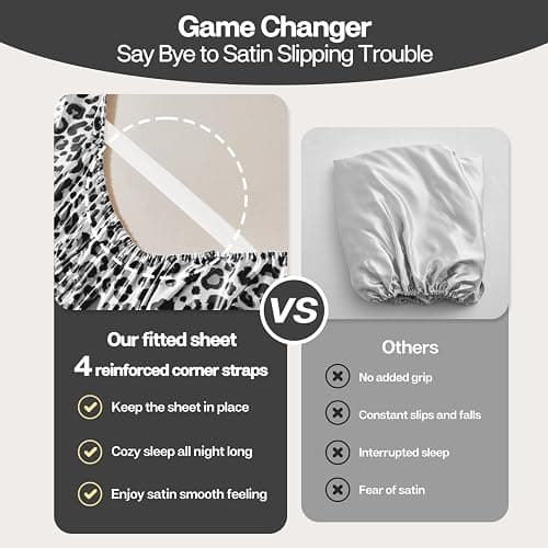 MR&HM Satin Fitted Sheet Full Size, Elastic Corner Straps, White Leopard | 15" Deep Pocket, Secure Fit, No Slipping or Bunching, Silk-Like Feel, Cooling & Breathable, Gentle on Hair & Skin, 1 Pc thumbnail 3