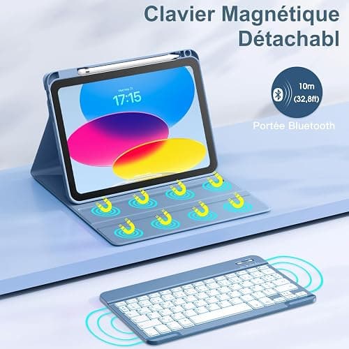 Vobafe Coque Clavier pour iPad A16 11/10 Ème Generation (11 Pouces 2025/10.9 Pouces 2022), Étui Keyboard 7 Couleurs Rétroéclairées avec Porte Crayon, AZERTY Layout pour iPad 10eme/11eme, Bleu thumbnail 4