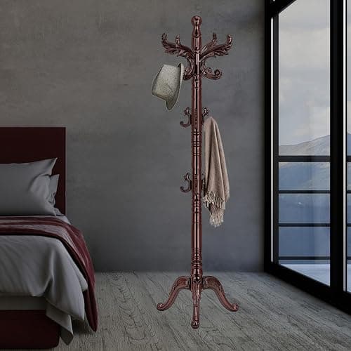 Wooden Coat Rack Stand Sturdy Triangle Base, Natural Birch Wood Coat Racks Freestanding, Vintage Solid Wood Coat Tree Stand with 14 Hooks, Classic Sturdy Coat Racks Hall Tree for Entryway, Office thumbnail 2