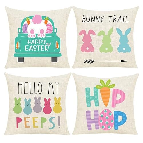Easter Pillow Covers 18x18 Inch Set of 4PCS Easter Decorations Bunny Truck Hello Peeps Hip Hop Spring Farmhouse Throw Pillows Cover for Home Decor Easter Decorative - Image 1