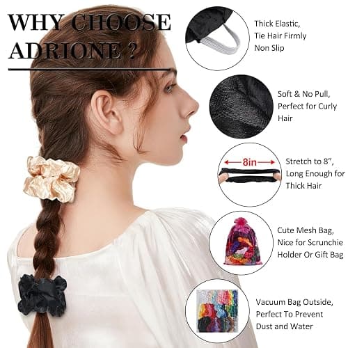 ADRIONE Satin Scrunchies for Women & Girls - 60 Pack Silk Scrunchies for Curly Hair thumbnail 2