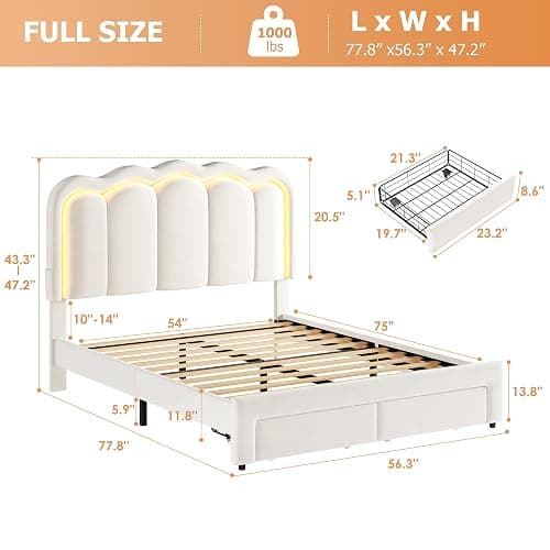 Full Upholstered LED Bed Frame with 2 Storage Drawers and Adjustable Chic Double Wavy Headboard, Velvet Princess Platform Bed with Charing Station, Solid Wood Slats Support,No Box Spring Needed,Beige thumbnail 2