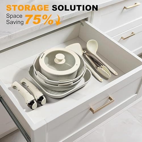 Pots and Pans Set Non Stick 20PCS, Ceramic Cookware Set Detachable Handle Non Toxic Stackable Kithchen Set, Dishwasher Oven Safe Induction Compatiable Frying Pans Pots Skillets, White thumbnail 7