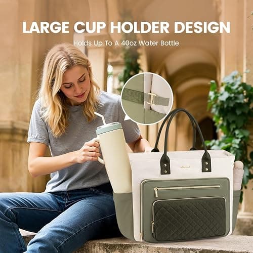 LOVEVOOK Teacher Tote Bag for Women Work, Laptop Bag With Large Cup Holder, Nurse Bags Professional Briefcase Business Computer Purses Handbag Gifts,Light Green-Beige-Olive Green,15.6 Inch thumbnail 6